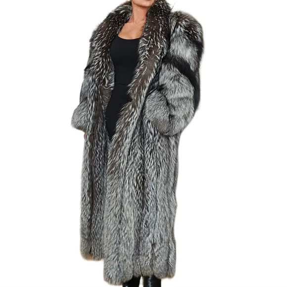 Vintage Genuine "Chubby" Fluffy Silver Indigo Fox Fur Full Length Coat - Picture 8 of 13